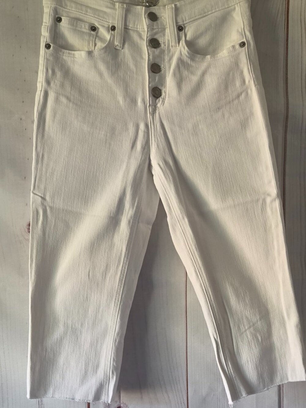 J. Crew High-Rise White Denim Jeans Women’s 26, exposed button fly closure, crop